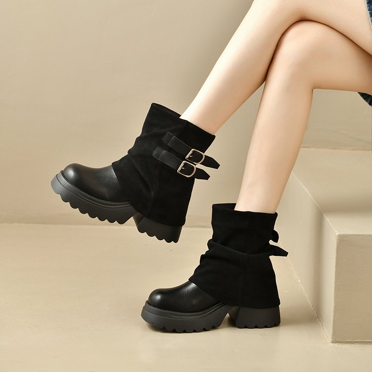 Women's Platform Height-Increasing Martin Boots, 2026 Autumn New Arrival, Popular Slouchy Ankle Boots, Mocha Pants Shaft Knight Boots