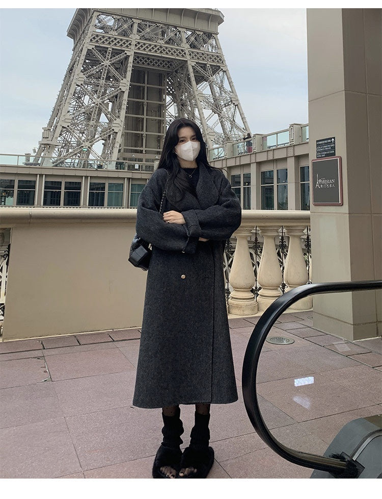 Stand-collar Design Double-breasted Coat Womens Large Lapel Long Loose-fit Wool Overcoat
