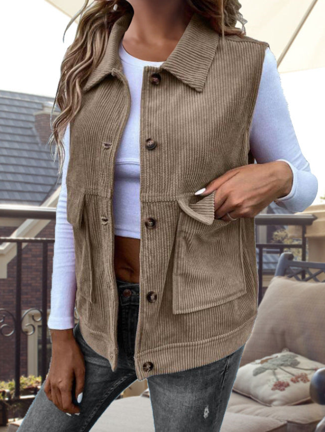 Corduroy Patchwork Sleeveless Cardigan Vest