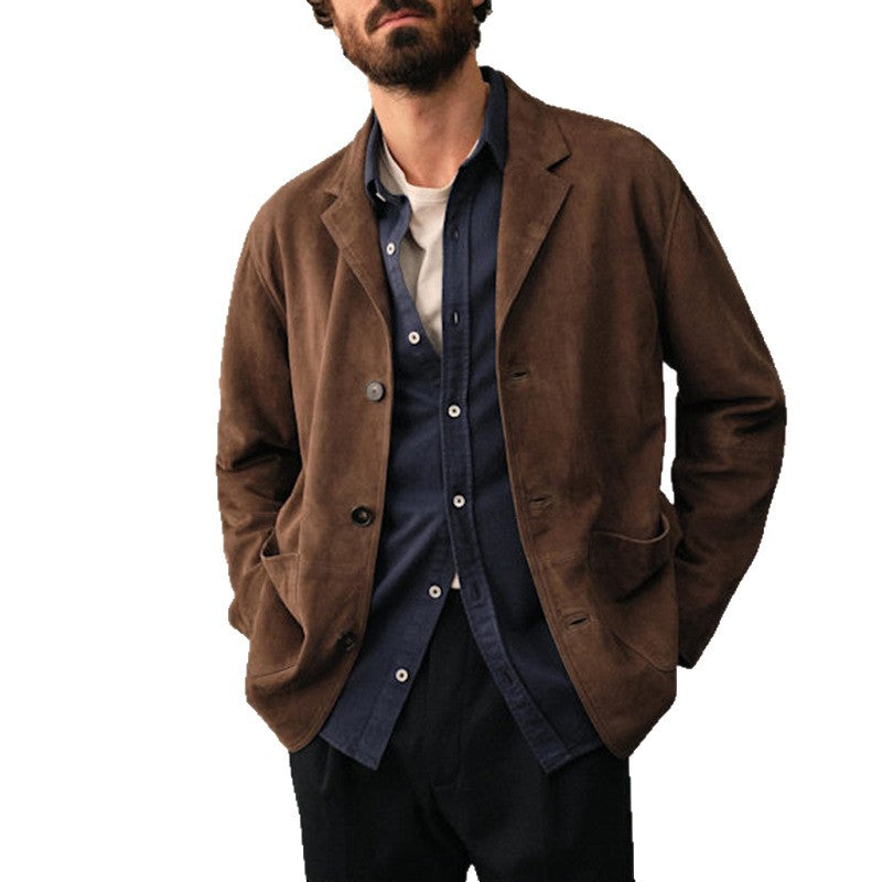 Mens Suede-Lined Lapel Vintage Casual Jacket Coat