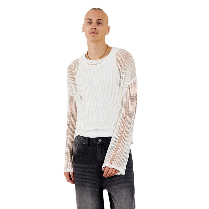 Mens Hollow-out Slightly Sheer Long-sleeve Top