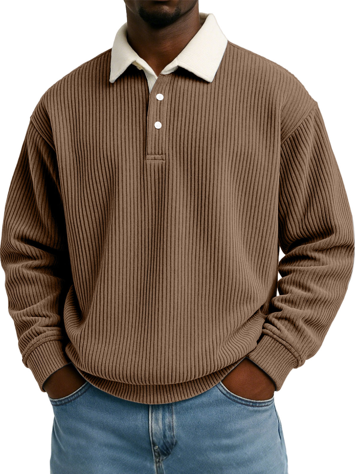 Mens Retro Color-block Corduroy Striped Casual Long-sleeve Shirt