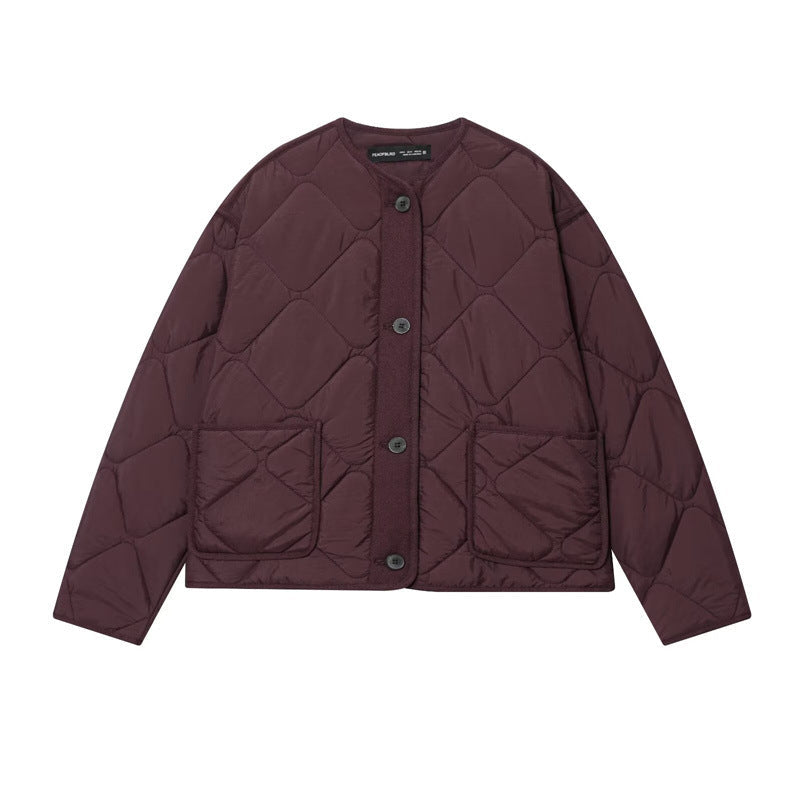 Womens Simple Cotton Padded Jacket With Crew Neck And Chest Pocket