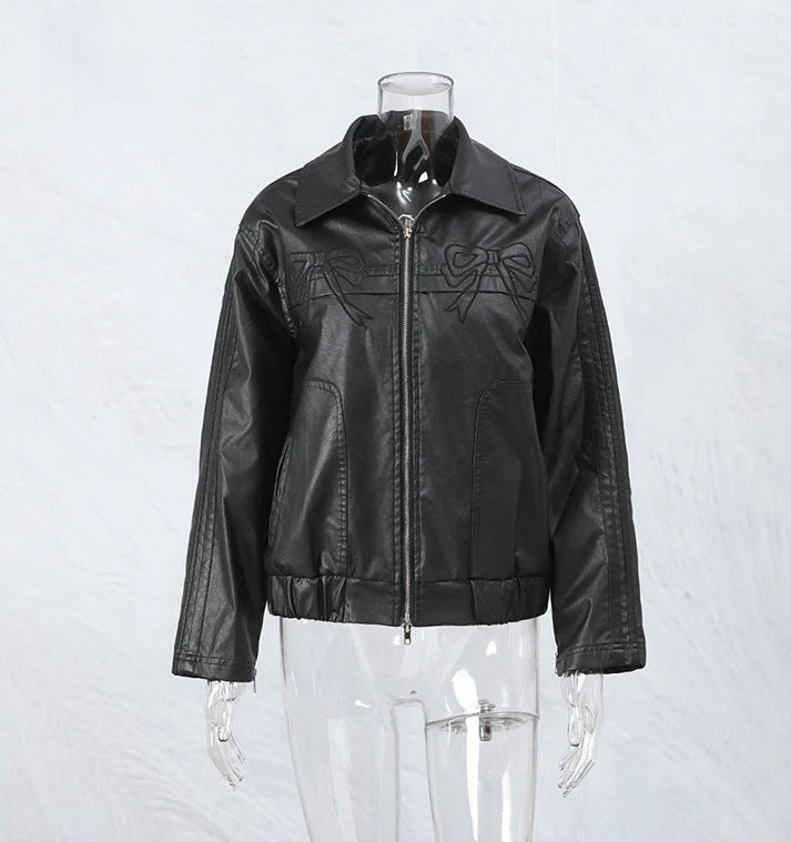 Women's Bow-Knot Zipper Leather Jacket