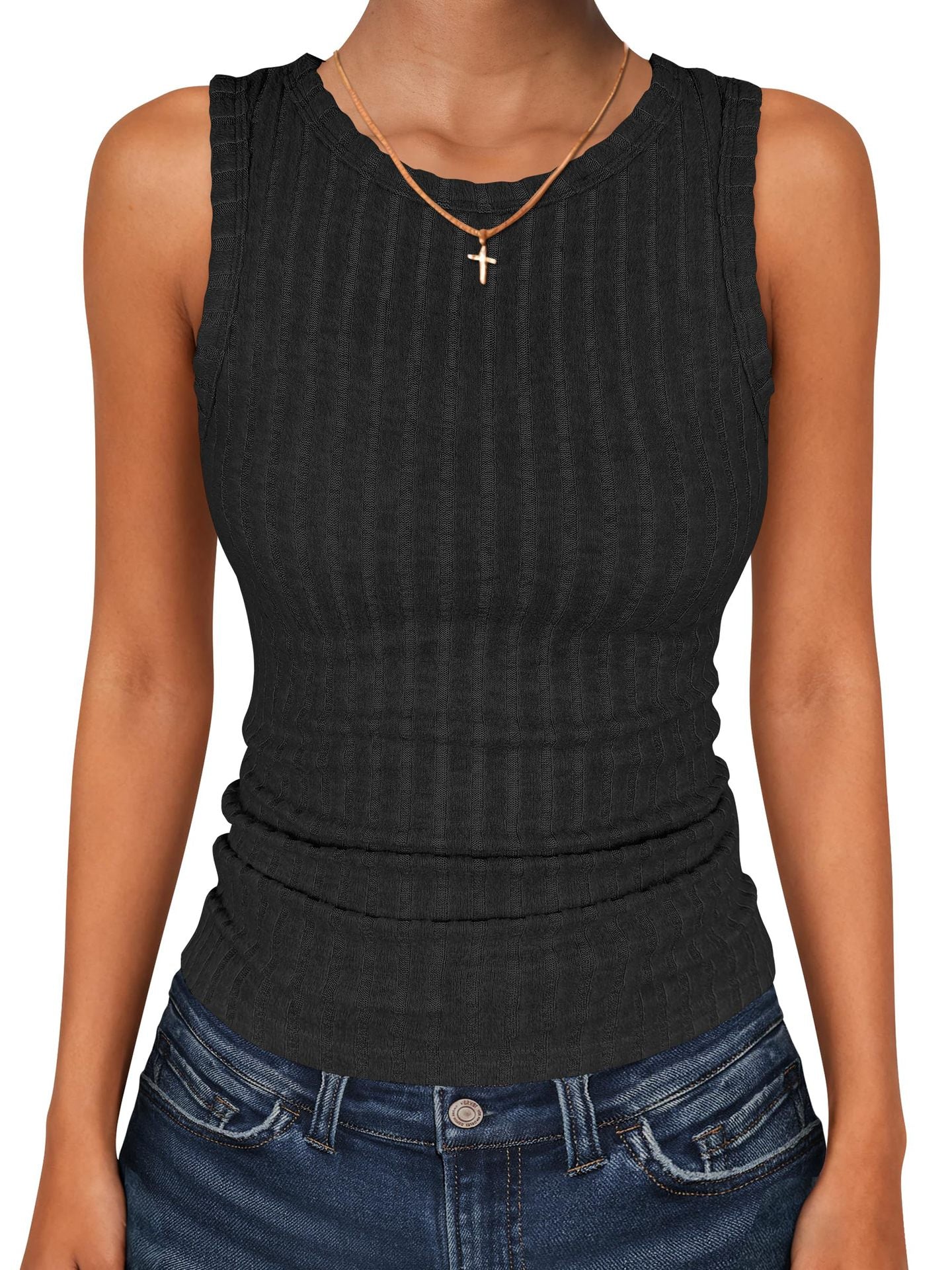 Womens Round-Neck Casual Sleeveless Solid-Color Knitted Vest