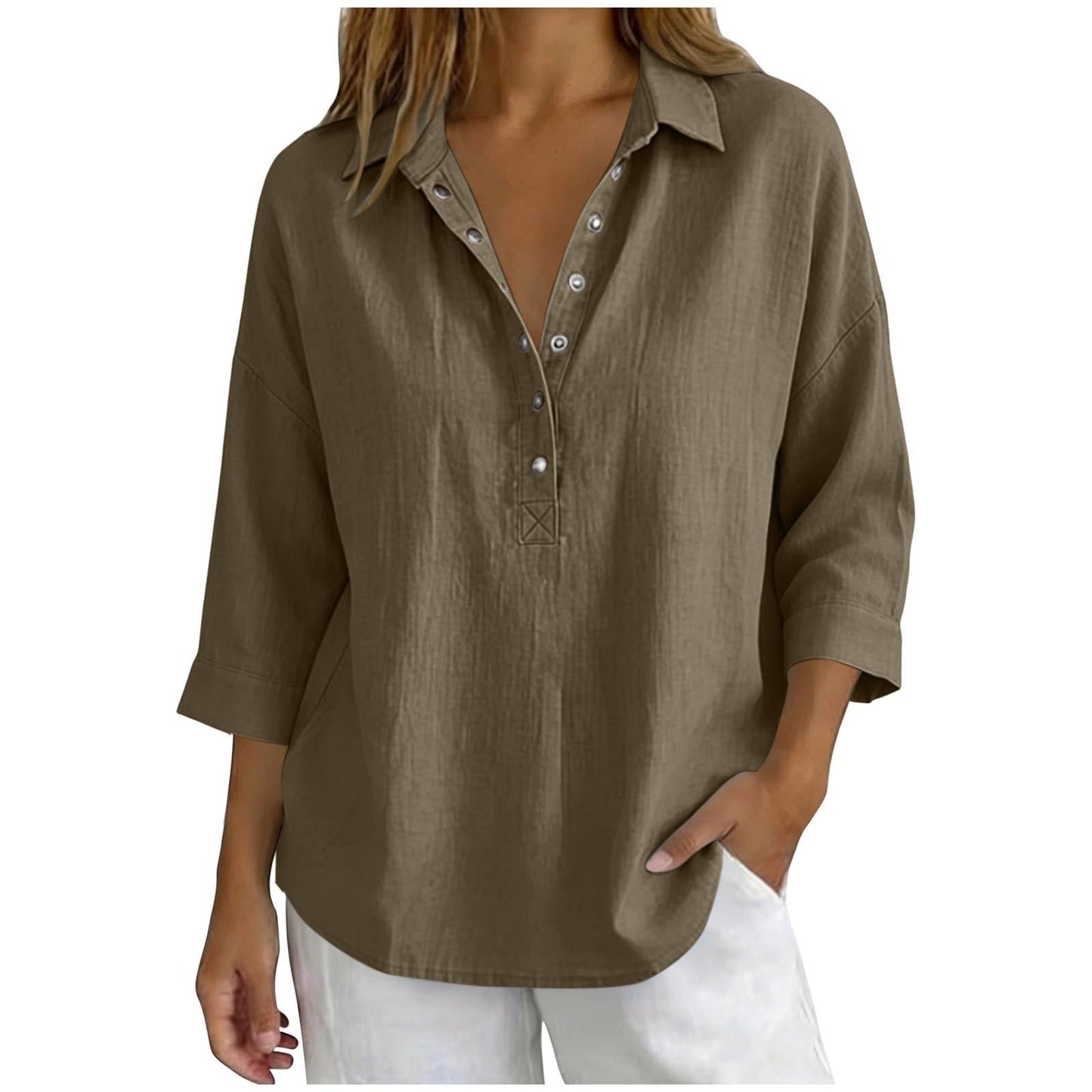 Womens Solid-Color Casual Three-Quarter-Sleeve Shirt