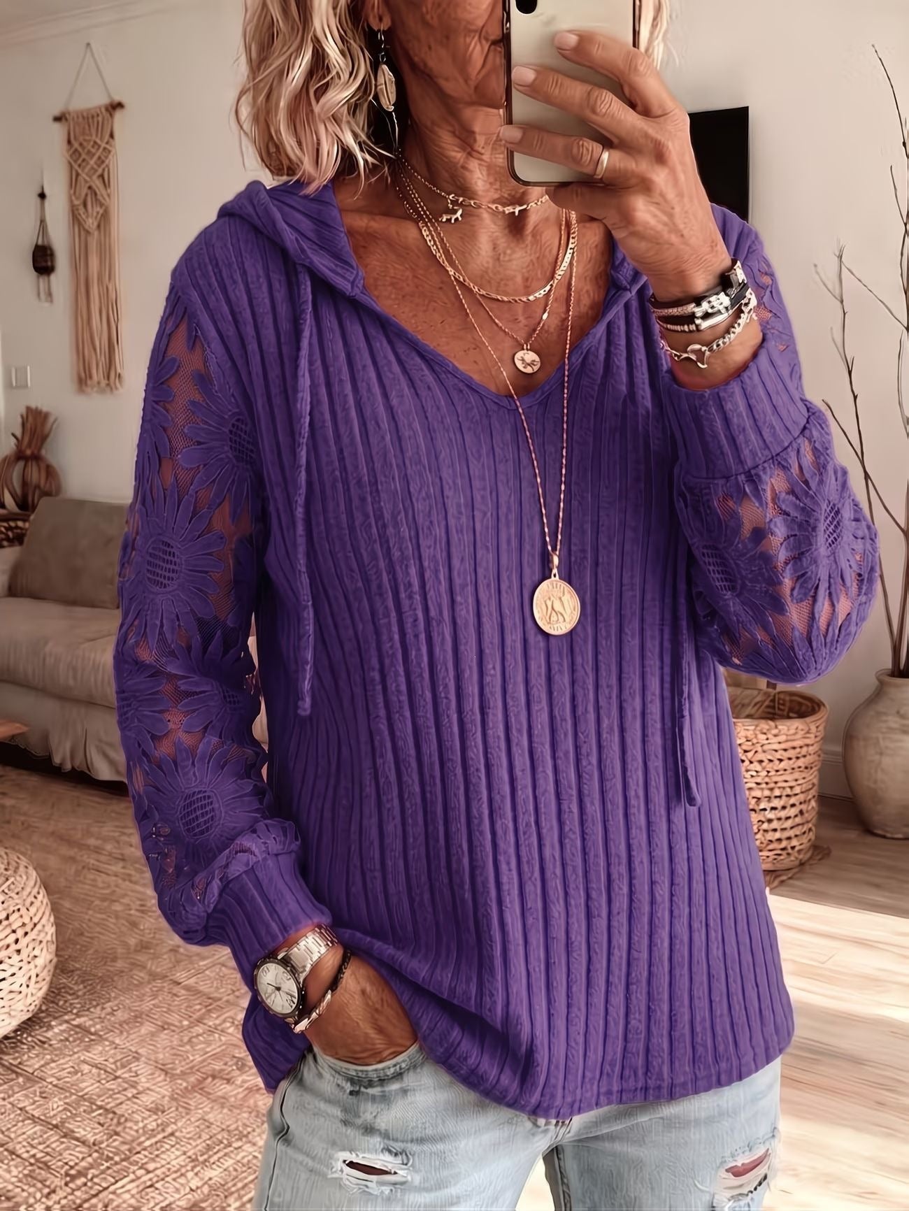 Women V Neck Hooded Sweatshirt Ribbed Knit Floral Lace Splicing Long Sleeve Drawstring Casual Pullover Tops