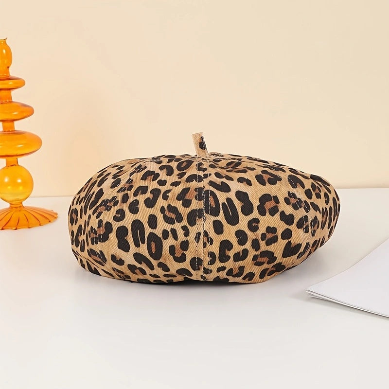 American Retro Leopard Print Fedora Hat For Autumn And Winter, Fashionable And Retro Painter's Hat, Casual Trend, Without Brim