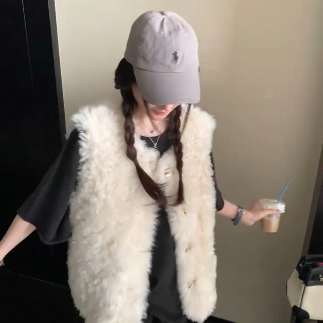 Sheepskin-look Vest Mid-length Leather-and-fur Vest