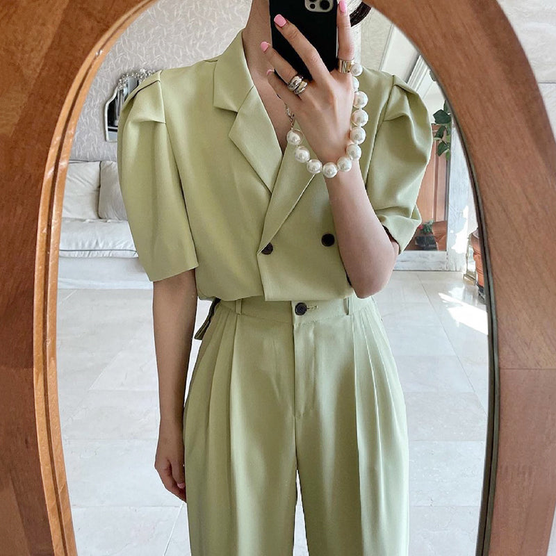 Simple Lapel Double-breasted Puff Sleeve Blazer High-waist Pleated Casual Trousers Trousers Women
