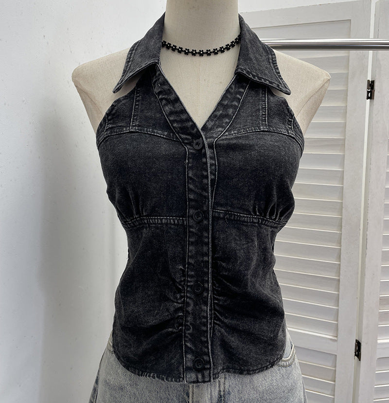 Neck-hanging V-neck Denim Vest Sleeveless Top For Women