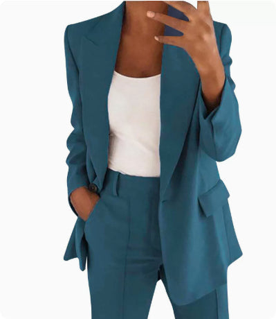 Ins Button Casual Suit Fashion Long-sleeved Lapel Blazer Jacket And Slim-fit Pocket Trousers For Women Clothing