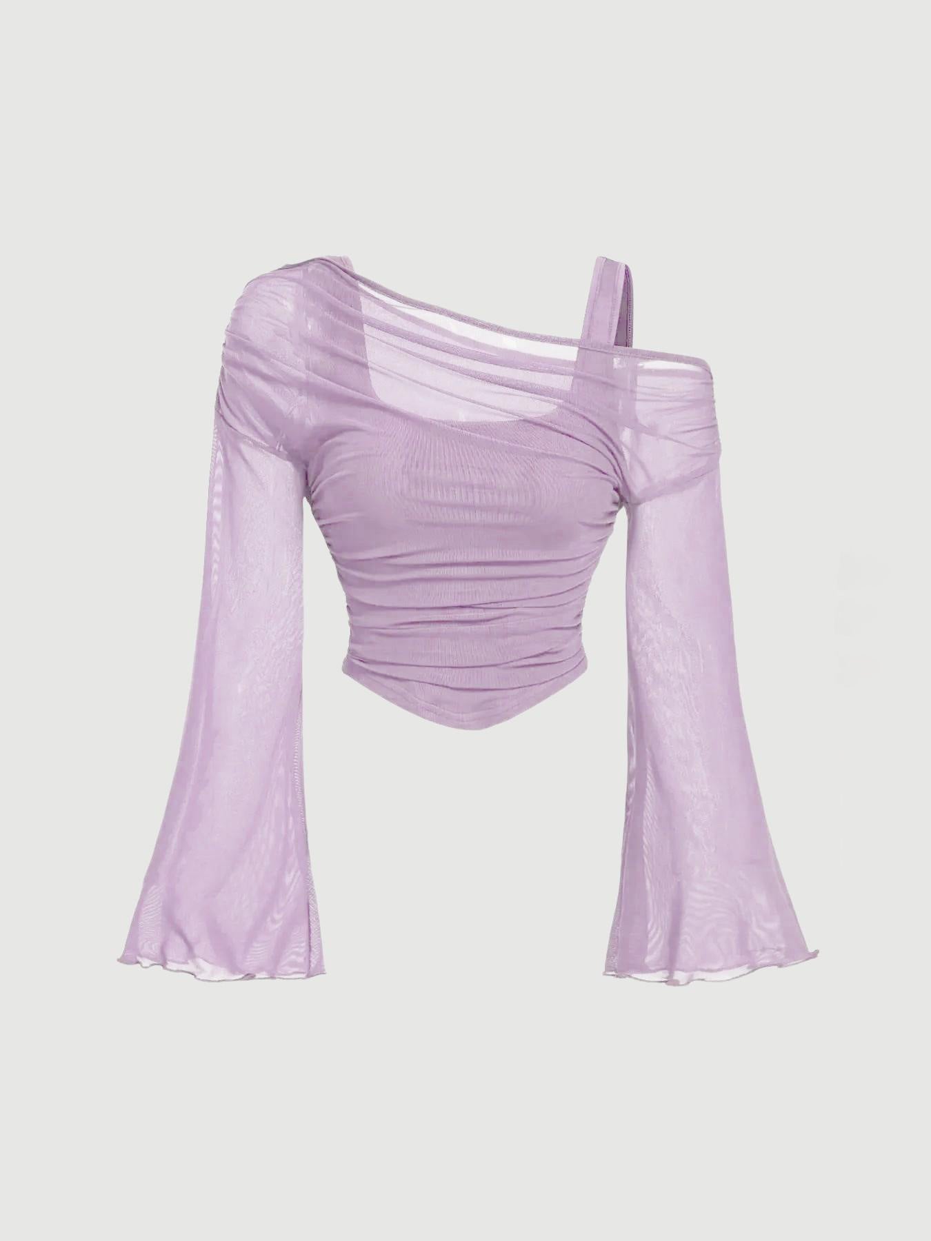 Mesh-Neck Pleated Long-Sleeve T-Shirt Top