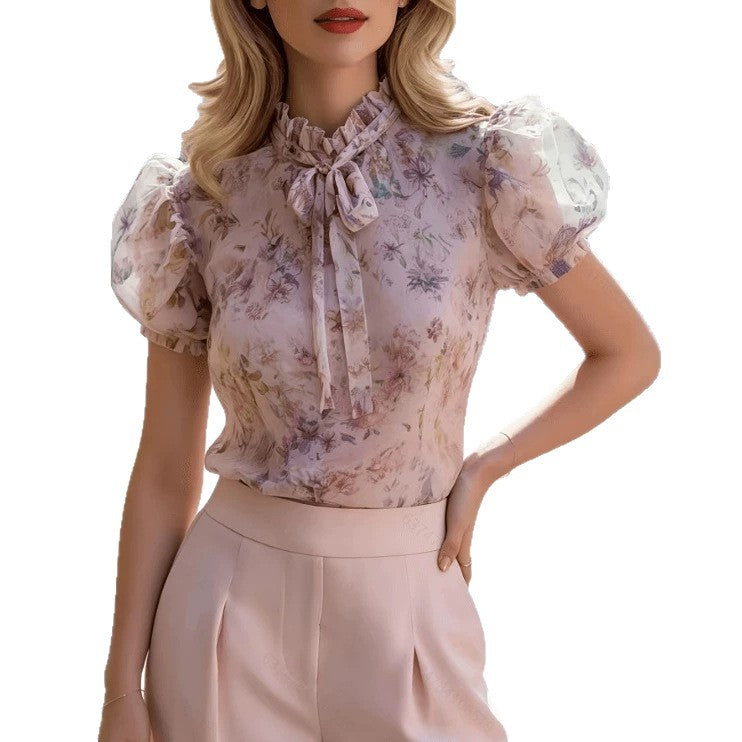 Sweet Lace-trimmed Floral Chiffon Printed Short-sleeved Top