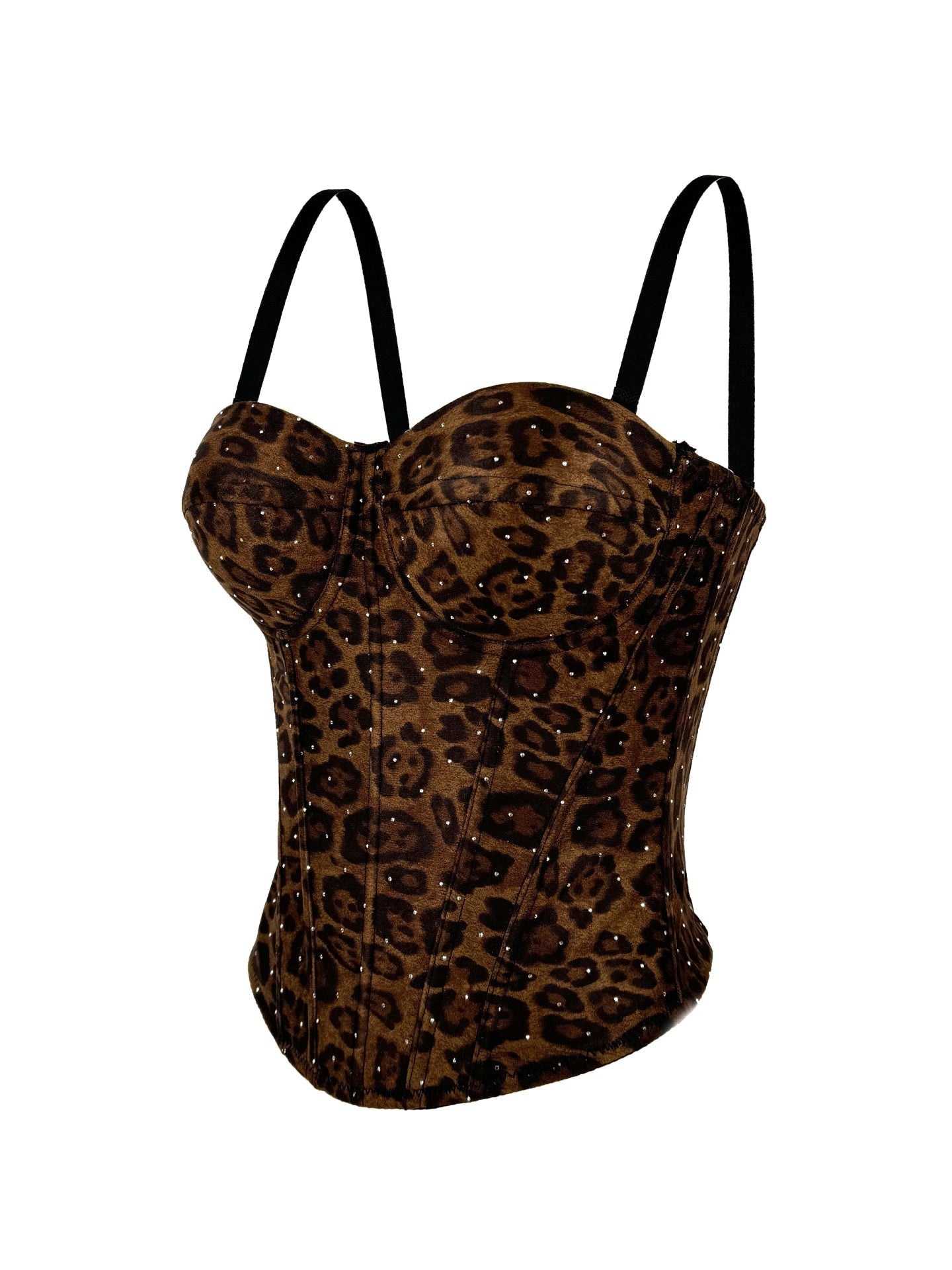 European And American Golden Brown Leopard Print Suede Short Vest With Inner Strap Can Be Worn Outside Stretch Gathered Fishbone Shaped Corset