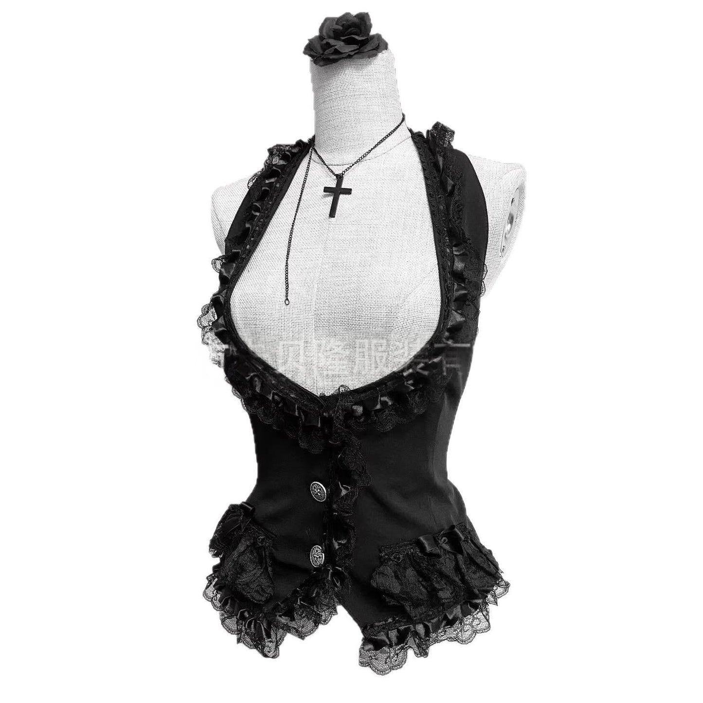 Dark Gothic-style Black Lace Halter Vest For Women