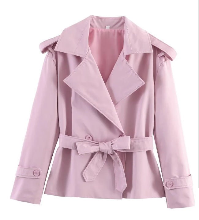 New Za Aliexpress Hot-Selling Cross-Border European And American Style Women's Solid Color Belted Short Jacket Trench Coat
