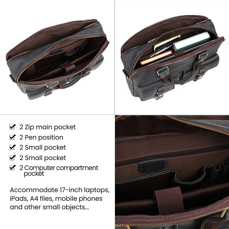 New Vintage Cowhide Men's Handbag Crazy Horse Leather Commuter Computer Bag Genuine Leather High-End Business Briefcase Men's Bag