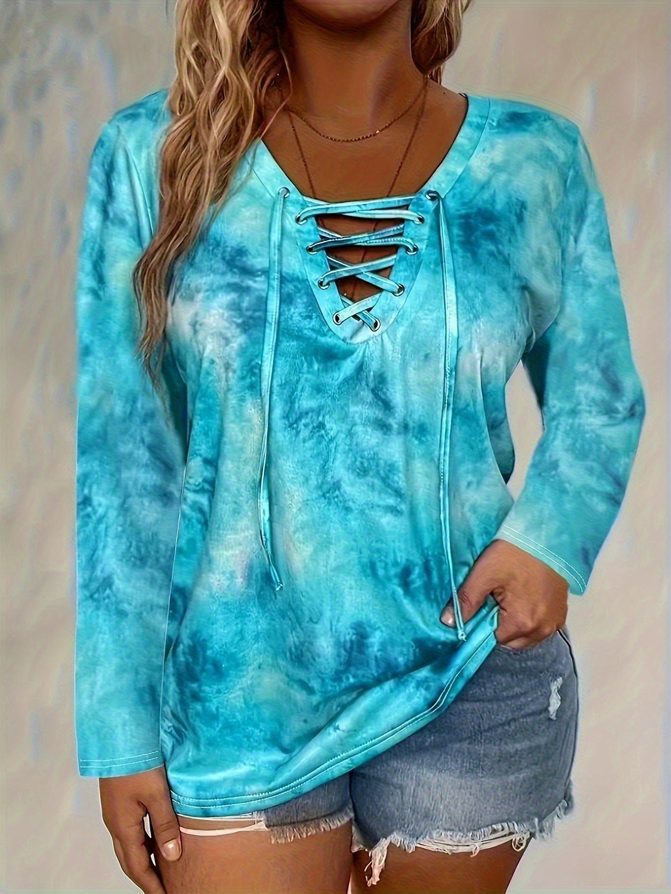 Women's Tie-dye Long Sleeve V-neck Loose-fitting Casual T-shirt