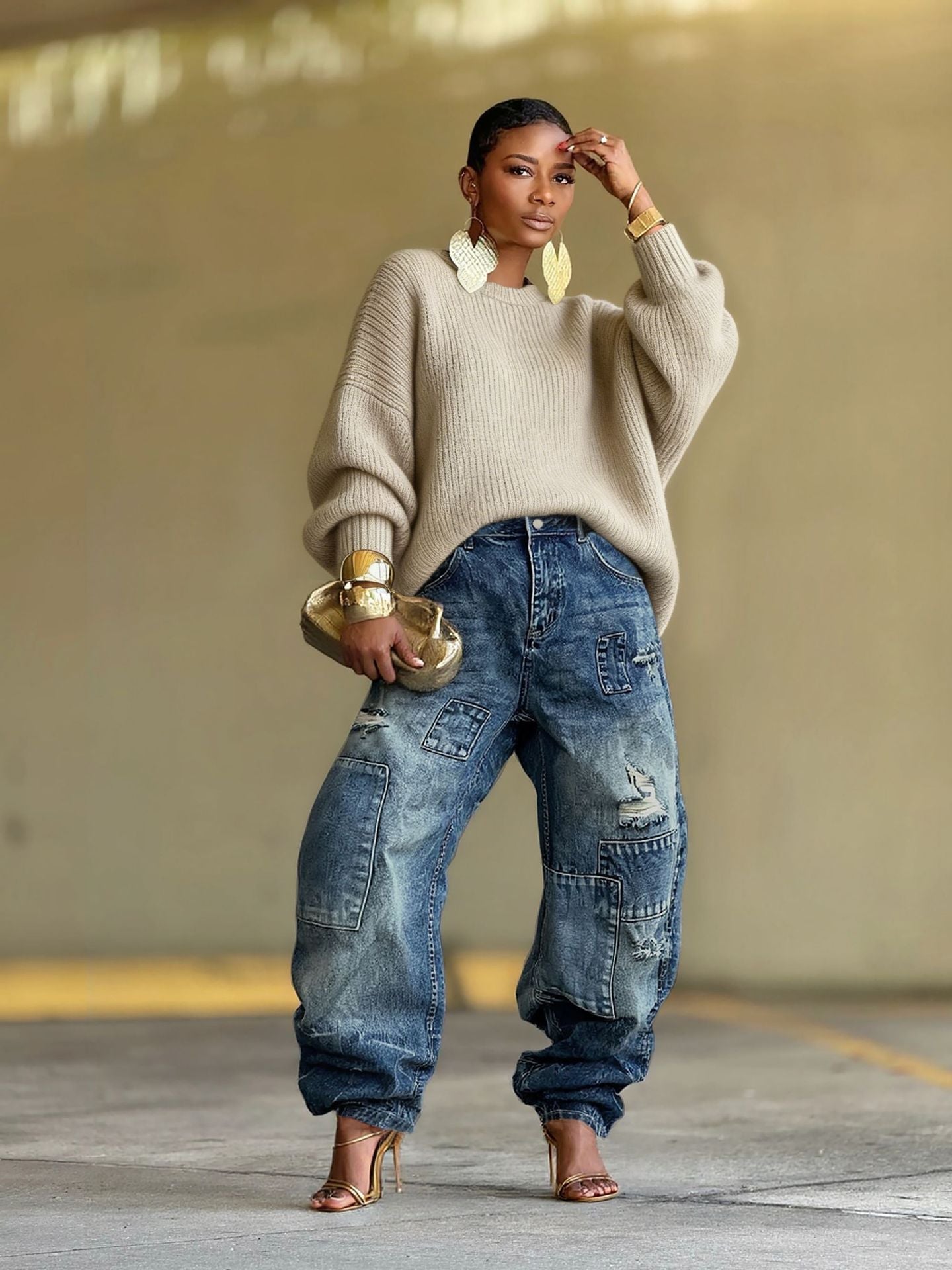 New-style Distressed Patchwork Washed Denim Jeans