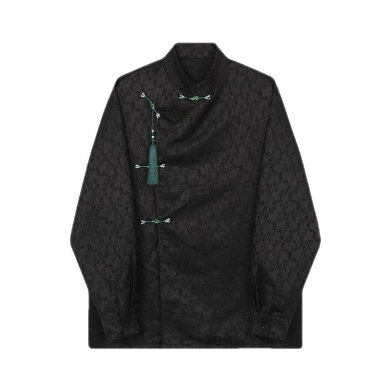 Satin Jacquard Stand-up Collar Long-sleeved Shirt