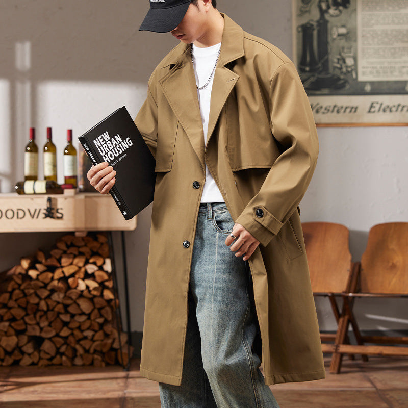 Mens Solid-color Versatile Mid-length Trench Coat
