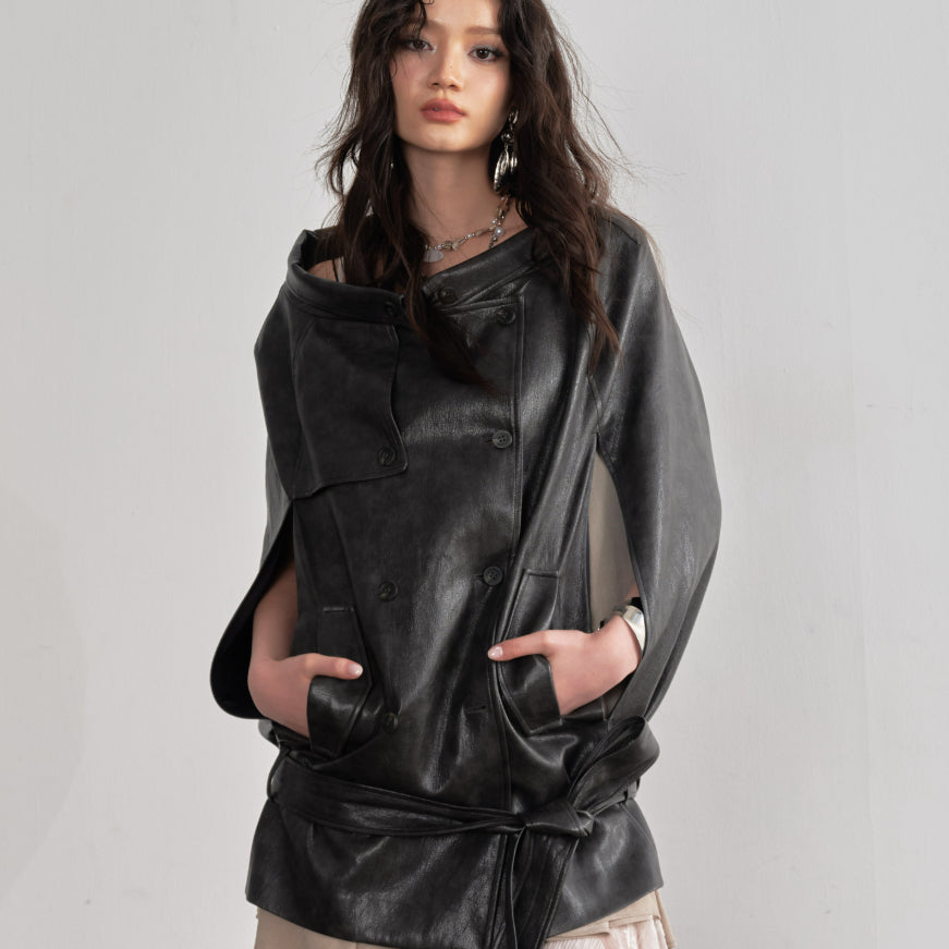 Ebony Brown PU Leather Cloak-Style Cape Jacket