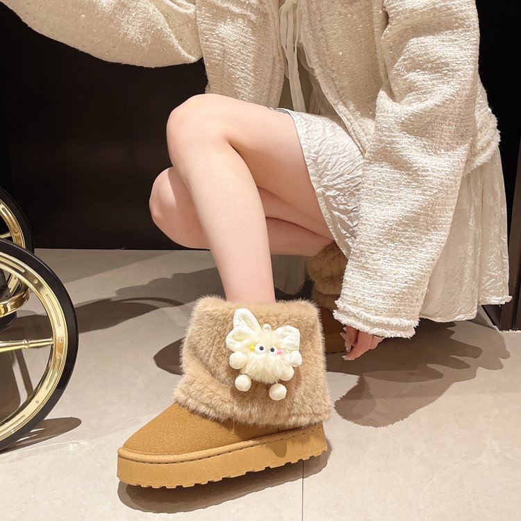 Women's Euro-American Style Platform Snow Boots, Plus Size Winter Fleece Lined Fur Trim Versatile Cotton Boots