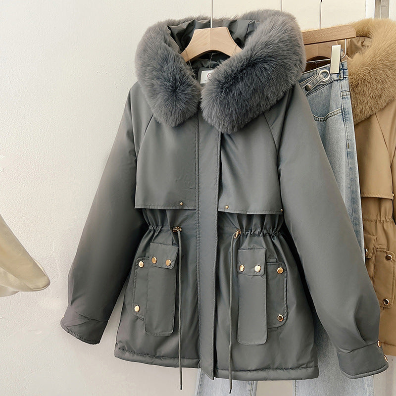 Womens Solid-Colored Loose Cotton Padded Coat With A Large Furry Collar