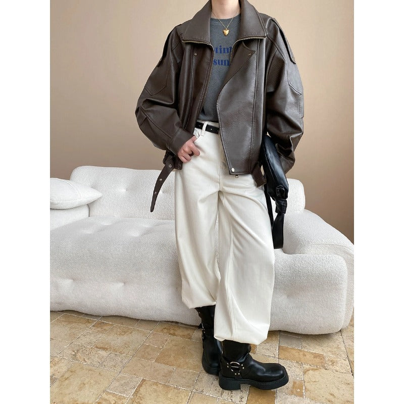 American-style Vintage Matte PU Leather Lapel Loose Biker Leather Jacket