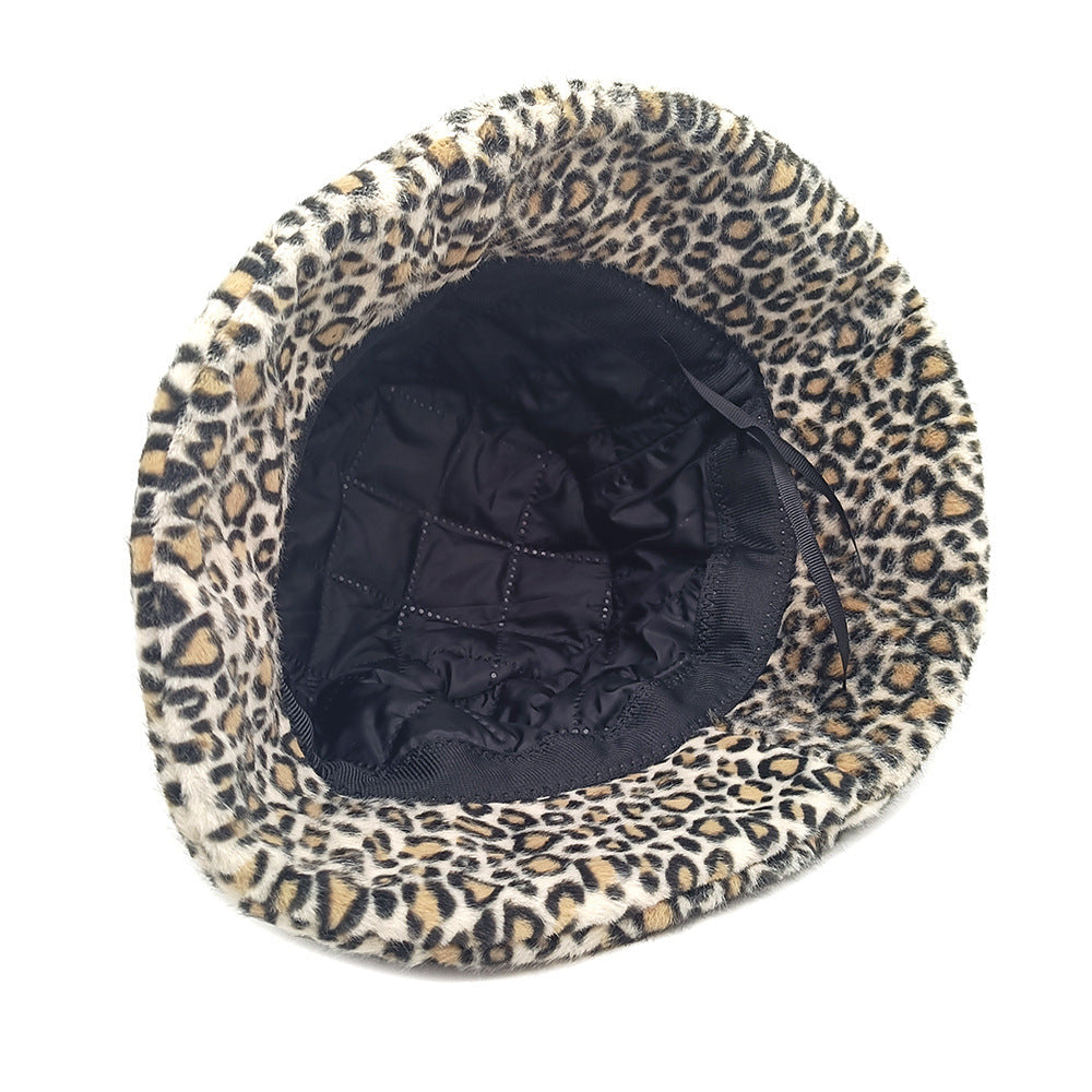 Trendy And Fashionable Leopard-print Boater Hat For Outdoor Use In Autumn And Winter, Featuring Multi-color Matching Plush Brim Hat