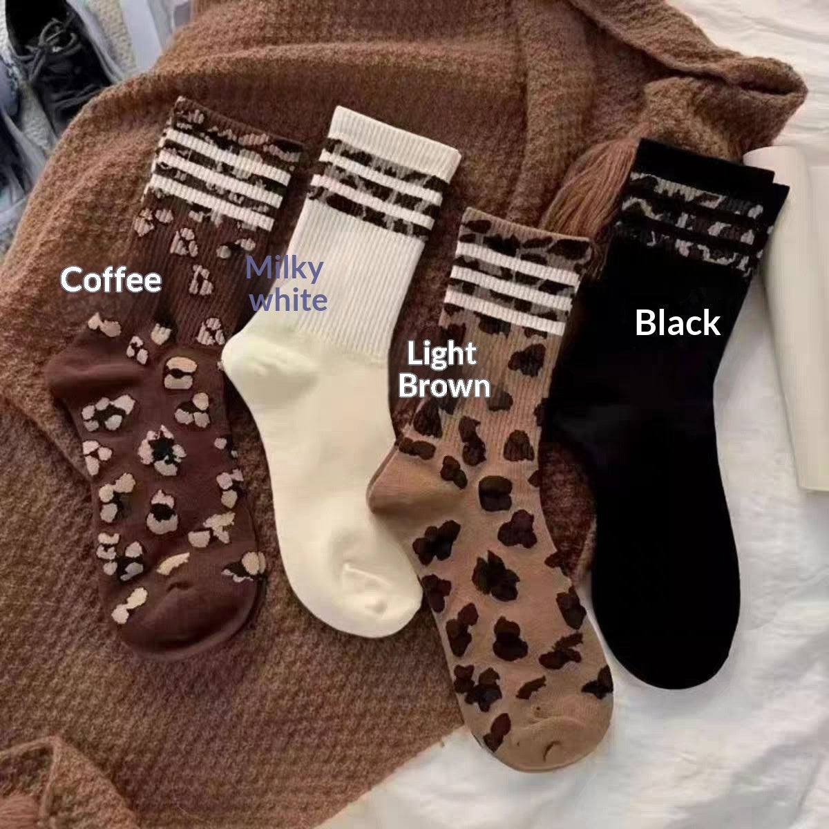 Womens Mid-calf Long Socks Versatile Striped Knee-high Cotton Socks