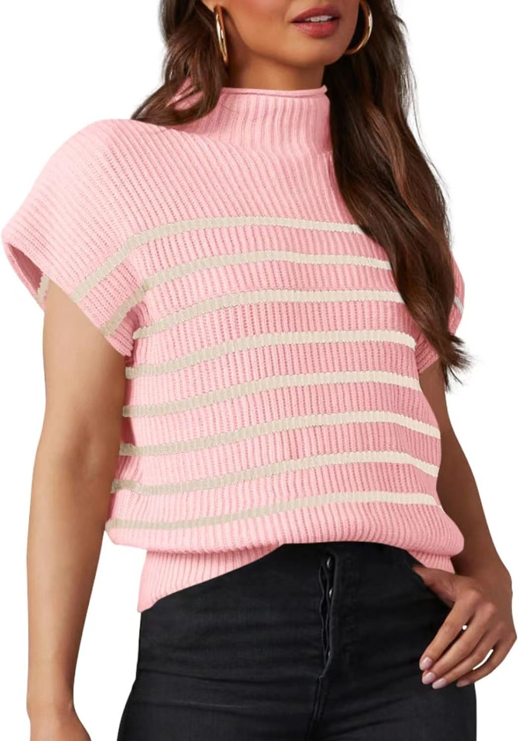 2024 Amazon European And American Women's Sweater Cap Sleeve Small Turtleneck TEUM Loose Rib Knitted Pullover Striped Top