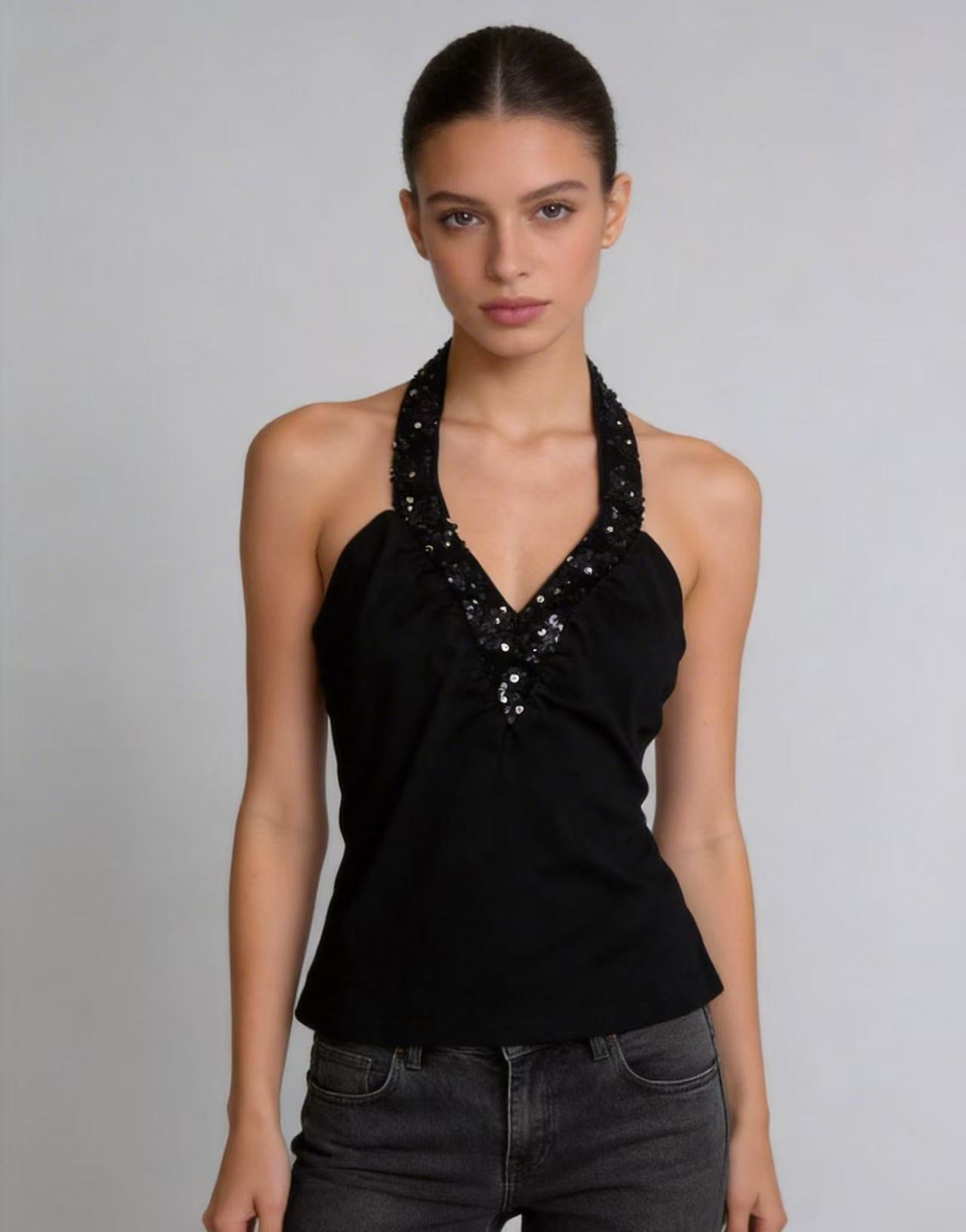 New Sequined Halter-neck V-neck Sleeveless Top For Women