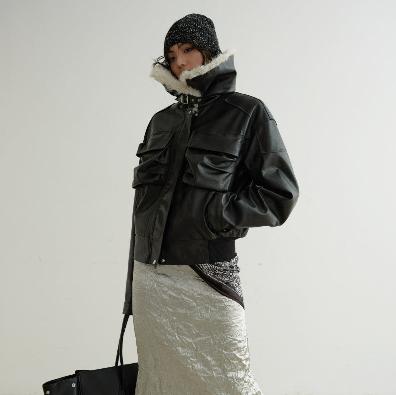 Color-blocked Relaxed-fit PU Faux Leather Black Turtleneck Jacket