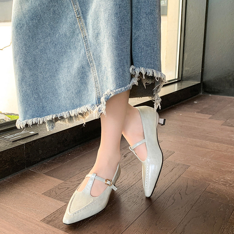 Women Vintage French Crinkled Leather Kitten Heel Pumps, Daily Commuting Dress Shoes