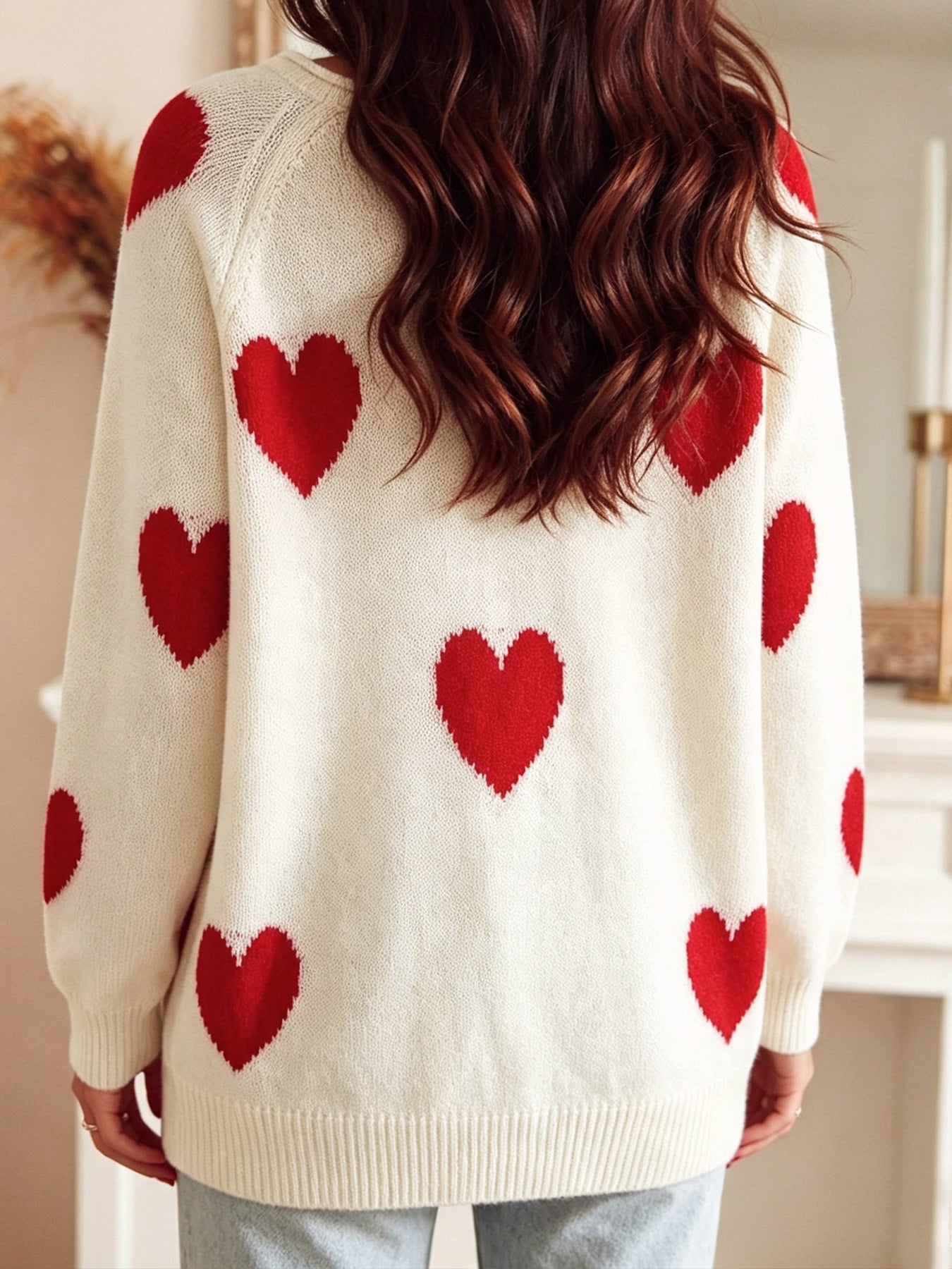 Overzied Casual Cream White All Over Red Heart Pattern Long Sleeve Knit Top For Women
