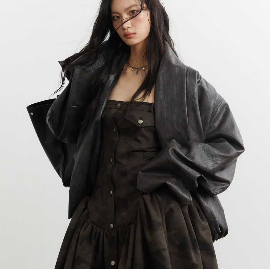 Gender-neutral Pleated Silhouette Ebony-brown Faux Leather PU Jacket