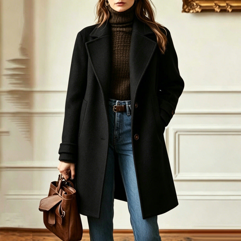Elegant Midi-length Single-breasted Solid-color Wool Coat With A Lapel