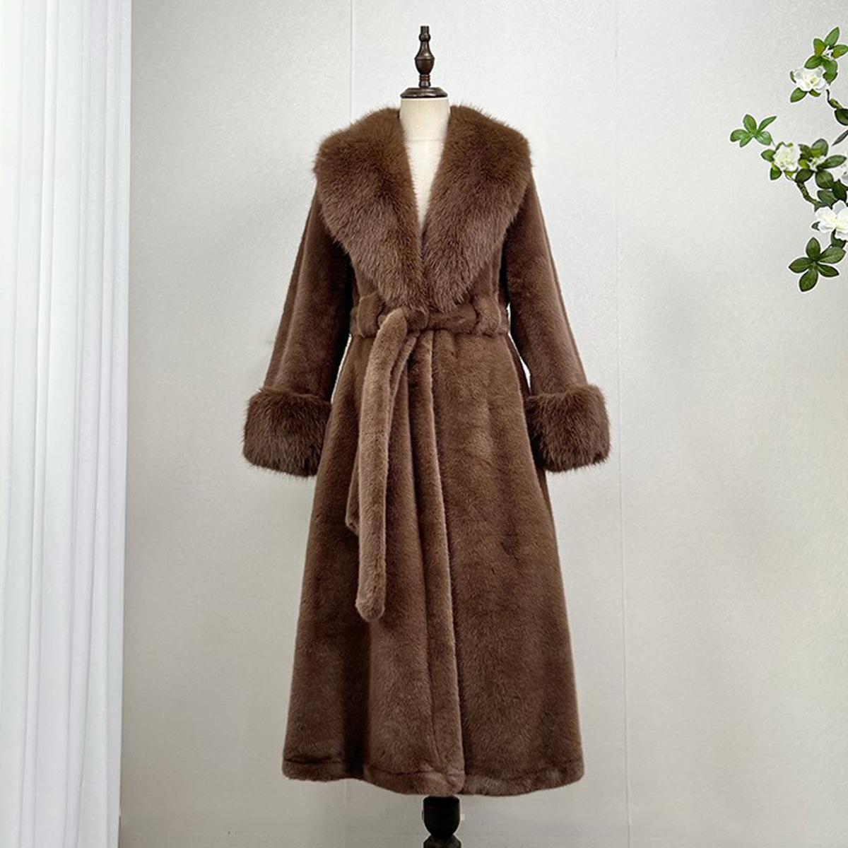 FallWinter Faux Mink Fur-and-leather One-piece Over-the-knee Long Fur Coat