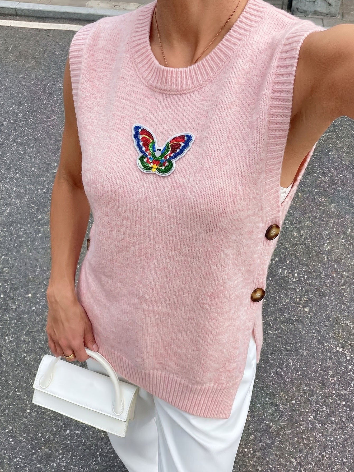 Knitted Women's Jacket Round-Neck Sequin Butterfly Vest