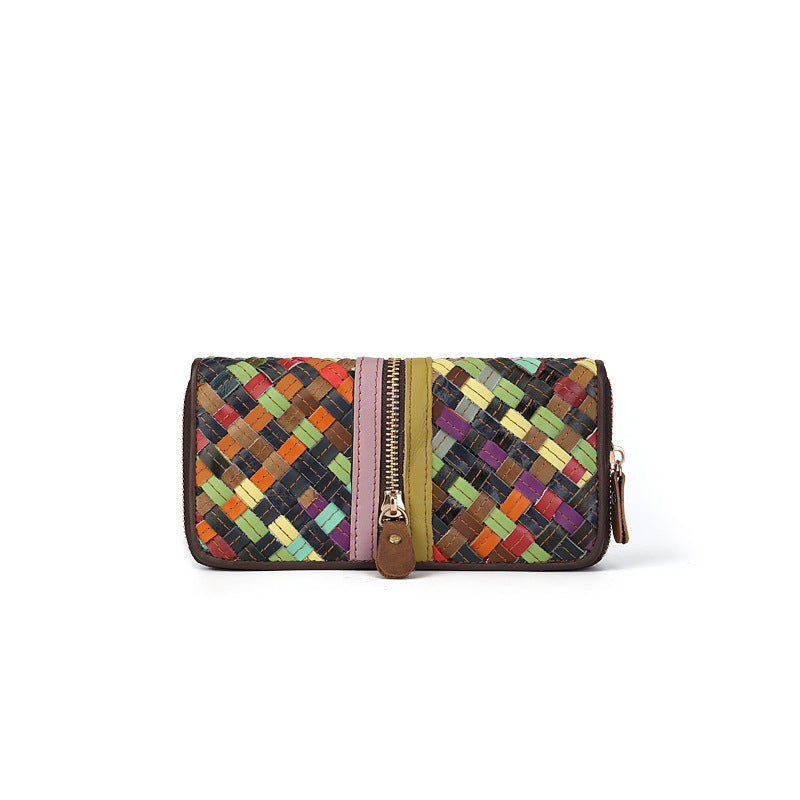 Genuine Leather Woven Patchwork Long Wallet