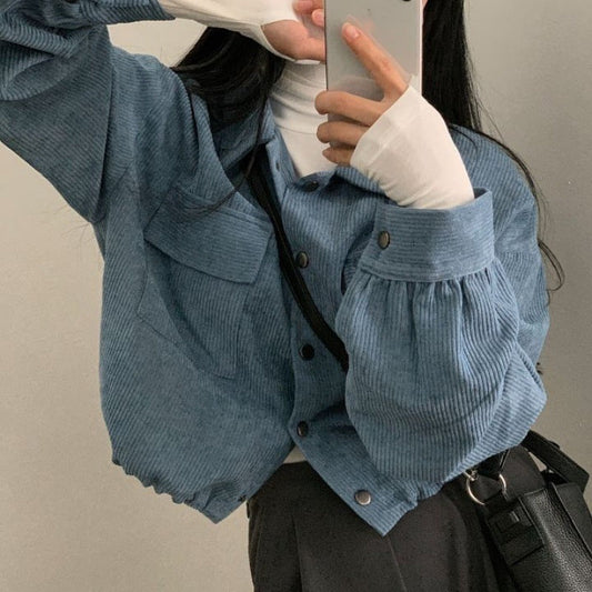 Loose All-match Single-breasted Lapel Short Corduroy Shirt