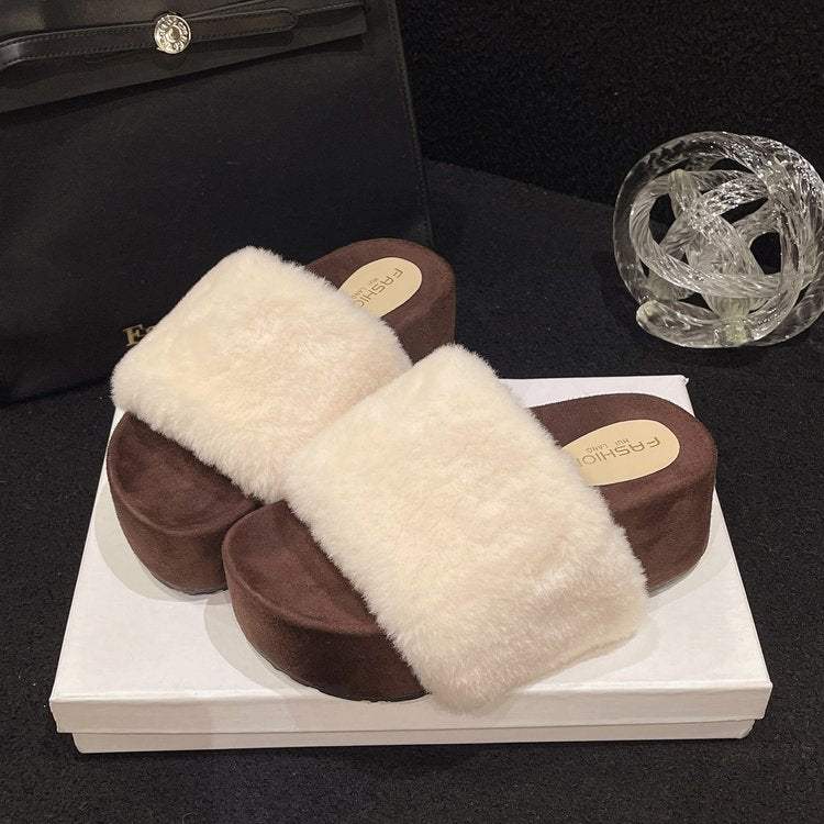 Women's Platform Furry Slippers For Outdoor Wear, New Autumn Winter Korean Stylish Single Strap High Heel Cotton Slides