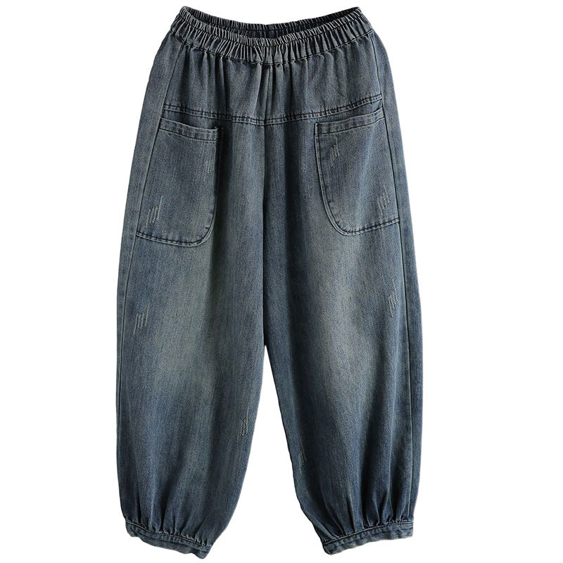 Plus-size Straight-leg Denim Cropped Pants Womens Korean-style Loose Fit