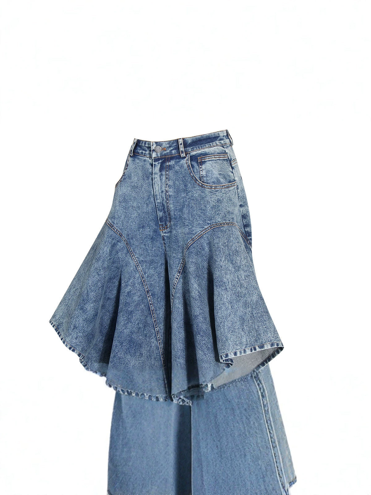 Vintage Washed Denim Asymmetric Ruffle Flare Wide Leg Pants