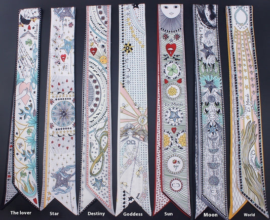 Tarot Series Duplex Printing Twill Silk Scarves with Tied Bag Handles