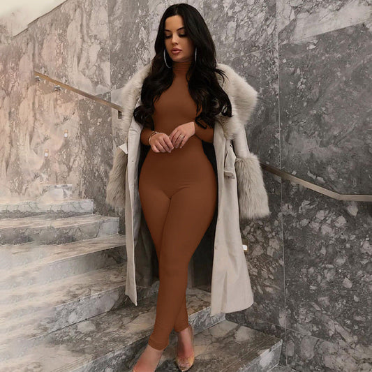 Solid Color Fleece-Lined Long Sleeve Yoga Jumpsuit for Autumn and Winter