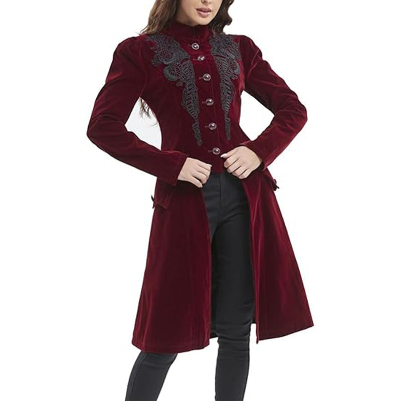 Retro-chic Fitted Waistline Printed Long-sleeve Stand-collar Coat