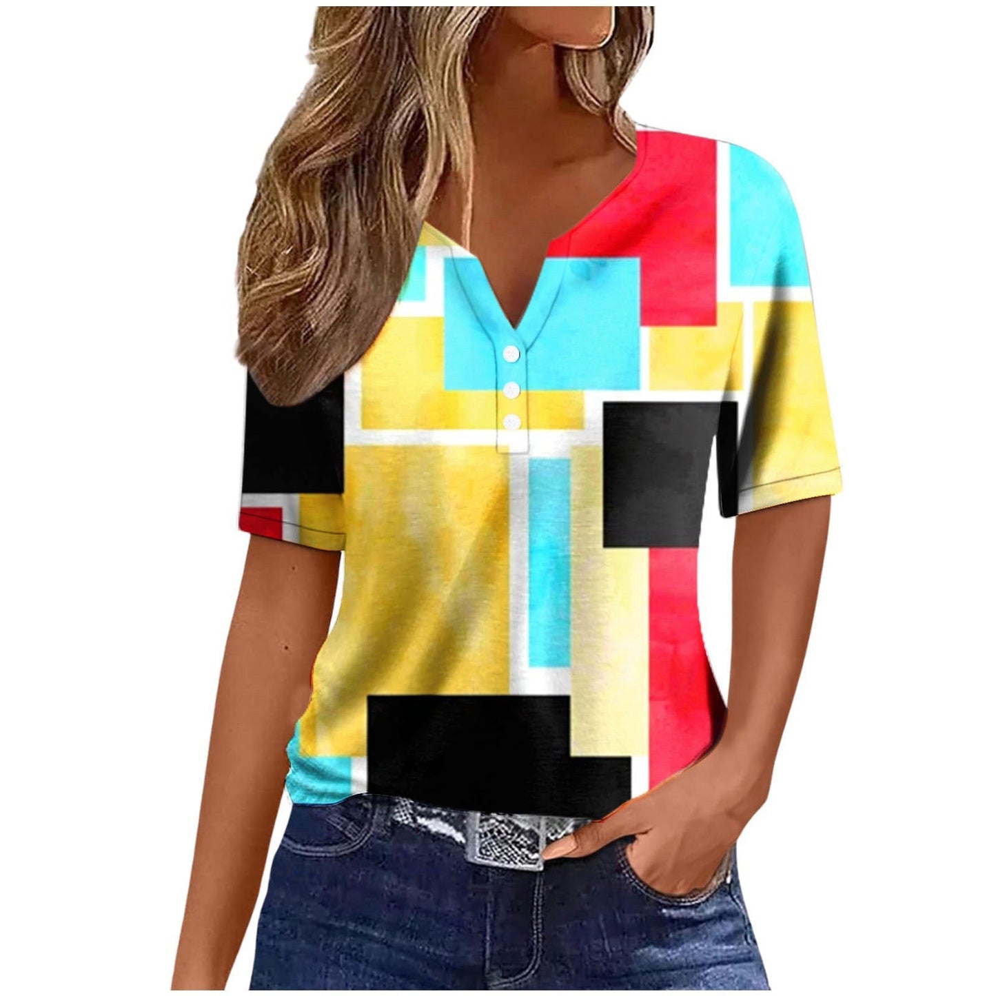 Women's Sequin Stitching Floral Three-button V-neck Short Sleeve